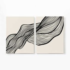 two black and white paintings with wavy lines on the wall in an art gallery setting