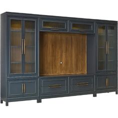 a large entertainment center with glass doors and drawers on one side, in dark blue