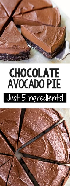 chocolate avocado pie is cut into slices and placed on top of each other