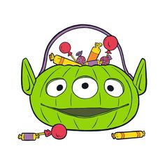 an image of a green bag with candy on it's head and two eyes