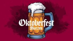 an image of a beer mug with the word oktoberfest in it on a red background