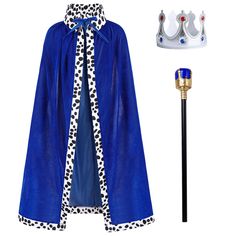 a blue cape with white polka dots on it and a black stick next to it