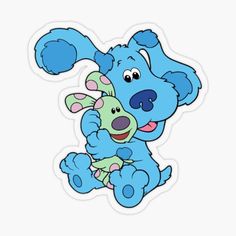 a blue dog hugging a stuffed animal sticker