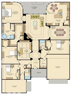 the floor plan for a home with two master suites and an open concept kitchen area