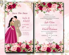 the wedding card is decorated with red flowers and pink roses, as well as an image of