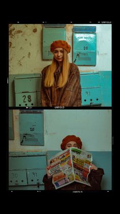 two pictures of a woman with long blonde hair and wearing a red hat, reading a newspaper