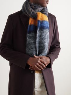 No one does colour and pattern quite like Missoni. This scarf is knitted from a soft mohair-blend with touches of wool and patterned with a range of stripes. Missoni Scarf, Trim Scarf, Scarf For Men, Grey Scarf, Striped Scarves, Weekend Style, Scarf Men, Jacquard Knit, Wool Scarf