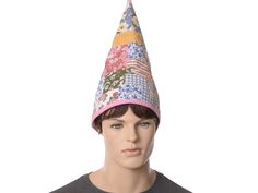 Cottagecore kitchen witch gnome hat made from quilted cotton.  The fabric has a layer of batting to hold the shape.  Tall and pointed.  Fabric is a multi-colored mosaic print with flowers patchwork look. One size fits most 22-24 inch heads, the hat is a little oversized so not to fit too snuggly around the forehead. Gnome Wizard, Gnome Hats, Witch Gnome, Cottagecore Kitchen, Mosaic Floral, Gnome Hat, Witch Hats, Floral Patchwork, Halloween 2024