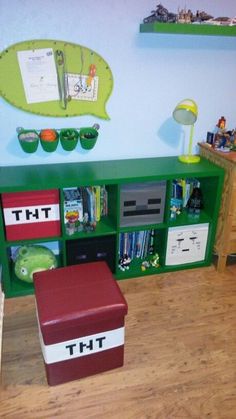 a child's room with toys and books on the shelves, including a toy bench