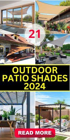 an outdoor patio shade is shown with text overlays