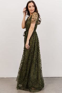 Our Marseille Embossed Maxi Dress is a one-of-a-kind dress that's perfect for special occasions! It features gorgeous vine embossed organza. Olive Green Maxi Dress, Lavender Maxi Dress, Baltic Born, Olive Green Dresses, Sequin Maxi Dress, Vine Design, Sequin Maxi, Olive Green Color, Maxi Dress Green