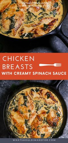 This is the best (and easy) recipe for chicken breasts cooked in a creamy spinach sauce. Comfort food cooked up in a cast iron skillet perfect for a busy weeknight meal. #fordinner #dinnerrecipe #chickenrecipes #easyrecipes #castiron #spinach Cast Iron Skillet Recipes Chicken, Cast Iron Recipes Dinner, Cast Iron Skillet Recipes Dinner, Creamy Spinach Sauce, Spinach Sauce, Cast Iron Skillet Cooking, Cast Iron Chicken, Skillet Dinner Recipes, Chicken Skillet Recipes