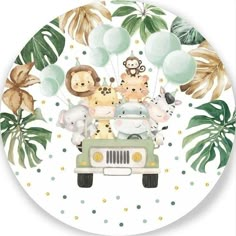 a paper plate with animals riding in the back of a car on a jungle theme