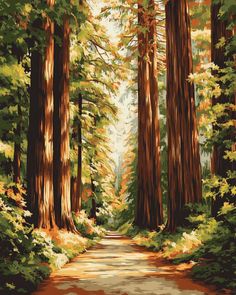 a painting of a road in the middle of a forest with tall trees on both sides