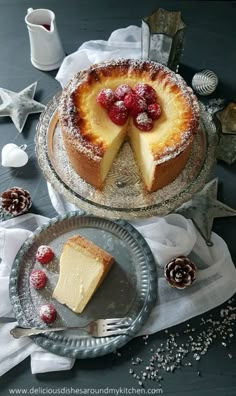 a cake is sitting on a glass plate