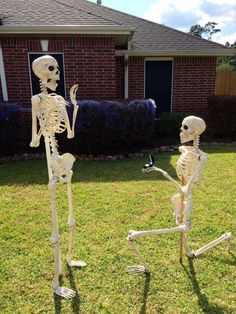 two skeletons are standing in the yard with their hands up and one is holding something