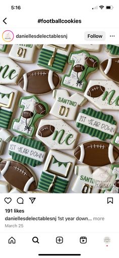 cookies decorated with footballs and numbers are on display for fans to enjoy the game