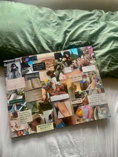 a collage of pictures is displayed on a bed with green sheets and white pillows