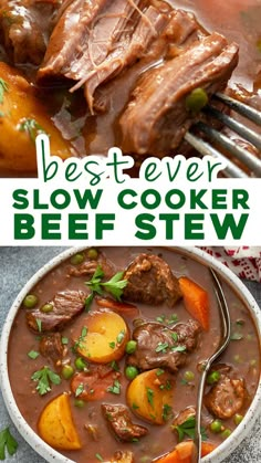 beef stew with potatoes and carrots in a white bowl next to the recipe for best ever slow cooker beef stew