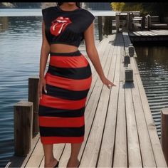 Brand New Price Firm Packaged Rolling Stones Lips Mouth Crop Top & Long Red & Black Striped 2pc Skirt Set Material: Terylene/Cotton Style: Casual Pattern Type: Striped Sleeve Style: Tank Element: Basic Fit Type: Regular Sleeve Length: Sleeveless Shoulder Pads Can Easily Be Removed If You Not Like Them White Skit Set 1-Small 1-Medium 1-Xlarge Black Set 1-Small 1-Medium 1-Large * This Data Was Obtained From Manually Measuring The Product, It May Be Off By 1-2 Inches. Measurements Are Not Guarantee Black Two-piece Skirt For Summer, Black Two-piece Skirt For Party, Black Two-piece Party Skirt, Red Club Skirt For Summer, Red Skirt For Club And Summer, Long Sleeve Halter Top, Pleats Top, Purple Suits, Crop Top Long