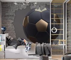 a living room with a soccer ball on the wall and other items in front of it