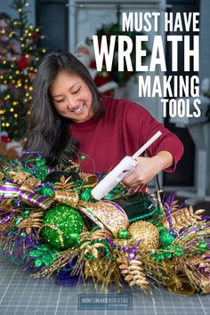 a woman is making christmas wreaths with the words must have wreath making tools