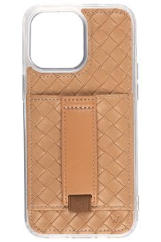 an iphone case with a card holder in tan leather and stitching on the back