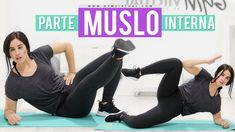 two women are doing exercises on their stomachs and legs, with the words parte muslo interna above them