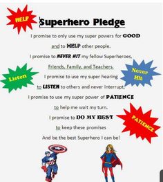 a poster with the caption that says,'superhero pledge i promote to only use my super powers for good and help other people