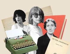 two women and an old fashioned typewriter are featured in this collage with photos