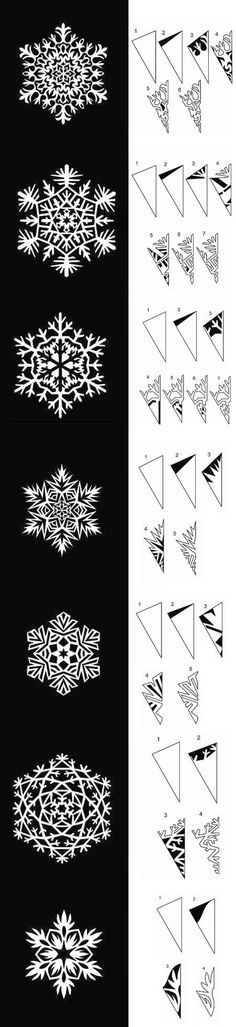 different types of snowflakes are shown in black and white, with the same pattern on