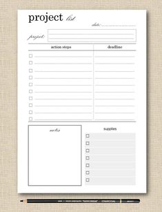 a printable project list with pencils on top of it and a notepad next to it