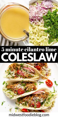 five minute cilantro lime coleslaw recipe on a white plate with text overlay