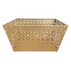 a gold metal basket on a white background