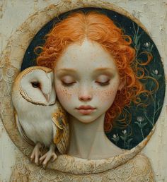 a painting of a girl with red hair and an owl