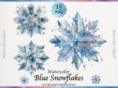 watercolor blue snowflakes are featured in this winter clipart set for commercial use