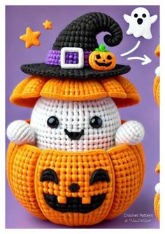 a crocheted pumpkin with a witch hat on it's head and eyes