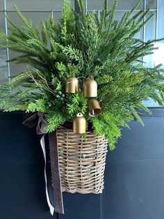 This basket is a favorite! It is filled with beautiful real to life Norfolk Pine, Cedar Pine and brass bells. There us a velvet ribbon to finish it off. It comes in a variety of colors.  Please choose during checkout. Thank you so much for stopping by! Pine Front Door, Winter Basket, Front Door Basket, Front Door Decor Christmas, Door Baskets, Front Door Baskets, Door Christmas Decorations, Farmhouse Basket, Door Decor Christmas