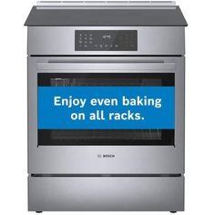 an advertisement for bosch ovens is displayed on the front of a stainless steel oven