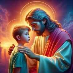 a painting of jesus holding the hand of a young boy