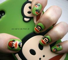 Paul Frank #nail #nails #nailart Farm Animal Nails, Monkey Nails, Paul Frank Monkey, Green Nail Designs, Paul Frank, Really Cute Nails, Nail Swag