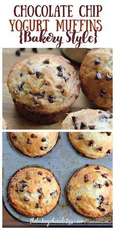 chocolate chip yogurt muffins in a muffin tin with text overlay