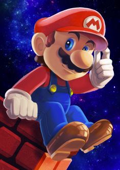 an image of mario on top of a brick wall with stars in the back ground