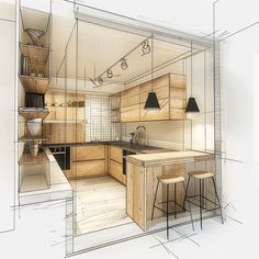 a drawing of a kitchen with wooden cabinets and stools