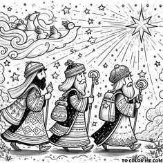 Stargazers’ Quest: The Three Wise Men Following the Star – Illuminated Coloring Page - https://www.tocolorme.com/?p=6887&utm_source=SocialAutoPoster&utm_medium=Social&utm_campaign=Pinterest Advent Images, Kids Church Christmas, Christmas Nativity Scene Display, Happy Planner Teacher, Nativity Scene Display, The Three Wise Men, Diy Nativity, Church Gifts