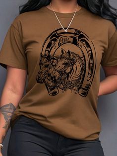 Plus Size Wild Horse Pattern Printed Round Neck T-Shirt Coffee Brown Casual  Short Sleeve Fabric Animal,Plants  Slight Stretch  Women Plus Clothing, size features are:Bust: ,Length: ,Sleeve Length: Wild Horse, Coffee Brown, Women T Shirts, Tees For Women, Inspiration Mode, Graphic Tees Women, Plus Size T Shirts, Top Casual