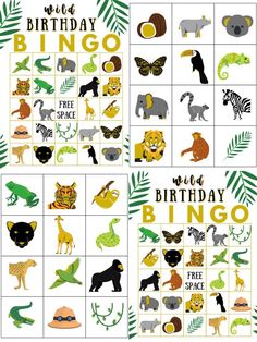 an animal themed birthday party game with animals and words on the front, in green and yellow