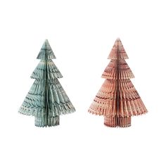 two paper christmas trees sitting next to each other