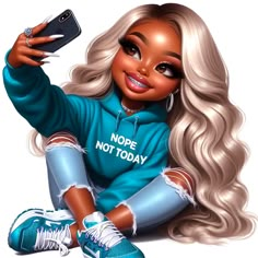 a drawing of a woman with blonde hair holding a cell phone