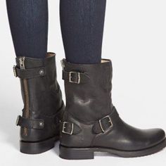 Heavy-Duty Style Doesn't Begin To Describe This Short Boot. Made From Soft Vintage Leather And Wrapped In Buckles, The Veronica Stands Out In A Crowd. The Industrial Back Zipper Ensure These Boots Get Noticed Whether You're Making And Entrance Or An Exit. Features: - Italian Leather - Leather Lined - Leather Outsole With Rubber Forepart - Back Zip - 7" Shaft Height - 12" Shaft Circumference - 1 1/4" Heel Height - Stacked Leather Heel Leather Has Some Wear. Scuffs Polished And Soles In Great Condition. Buckles May Need To Be Resewn, That’s Typical Of Frye Boots. Cognac Riding Boots, Frye Veronica Short, Feel Fat, Frye Harness Boots, Frye Veronica, Black Moto Boots, Dance Boots, Short Boot, Tall Riding Boots